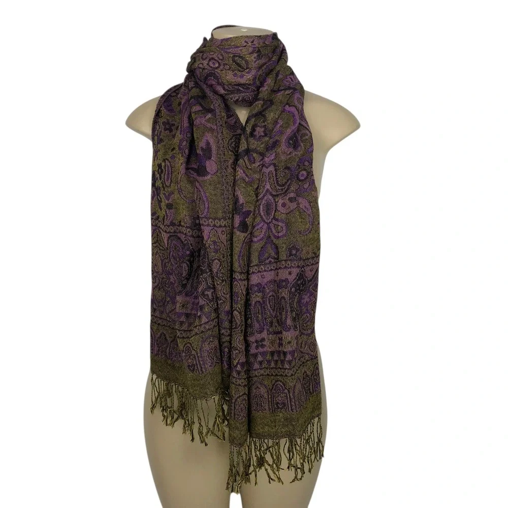 Reversible Boho Purple Paisley Print Pashmina Scarf Fringe Rave Festival Wrap